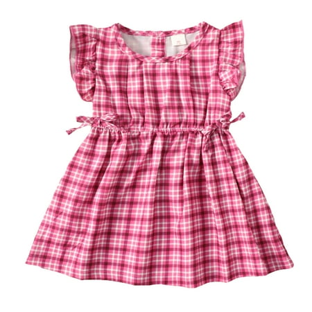 

KIMI BEAR Toddler Baby Girls Dresses 3T Toddler Girls Summer Clothes 4T Girls Sweet Plaid Print Ruffled Sleeve Dress Pink