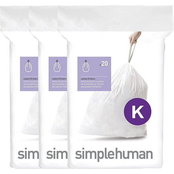 simplehuman 60pk Code K Custom Fit Liners, 35-45 Liter / 9.3-12 Gallon Drawstring Trash Bags in Dispenser Packs, White