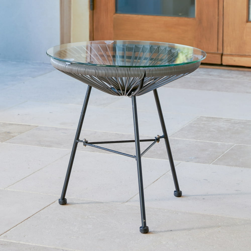 Corvus Sarcelles Modern Woven Wicker Patio Side Table with Glass Top by