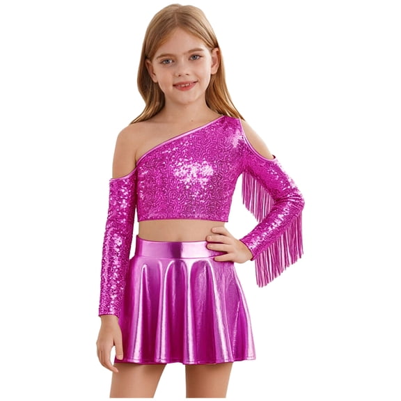 Miutii Kids Girls Shiny Metallic Jazz Dance Outfits Sparkle Sequins Tassels Crop Tops with Flared Skirt Set Hot Pink 6