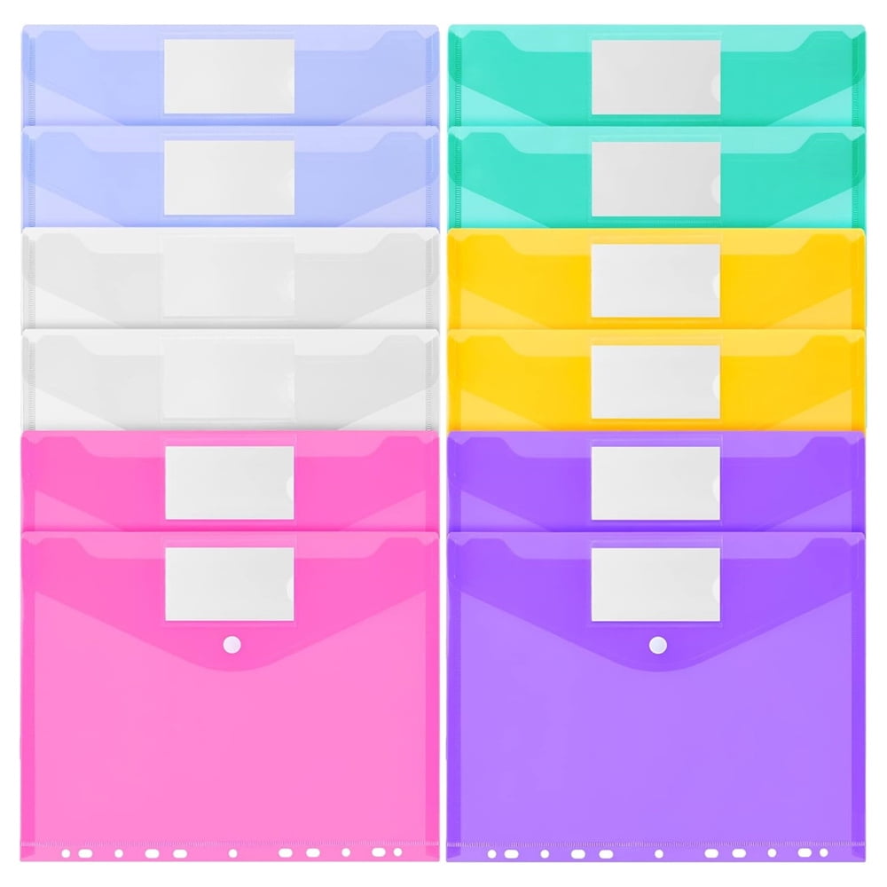 6 Assorted Color Document Folders,Plastic Binder Pocket with Snap Button and Lable,11 Holes Poly Filing Envelopes,Letter A4 Size Expandable File Pouch,Home Work Office Organizer,Set of 12