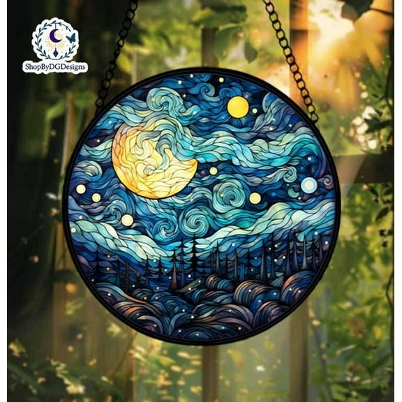 Moon Forest Stained Glass Suncatcher, Night Sky Acrylic Suncatcher, Gift for Nature Lovers, Abstract Swirl Window Art, Boho Blue Decor 4296986856