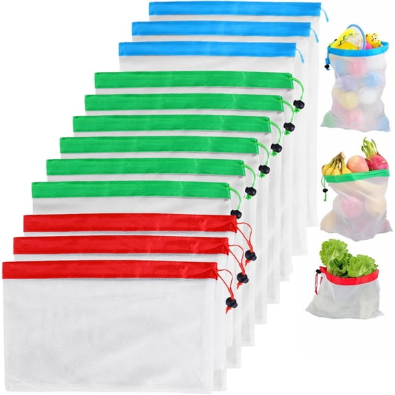 12PCS Reusable Produce Bags - Mesh Produce Bags Drawstring Reusable Washable Vegetable Storage Bags Refrigerator Keep Fresh Grocery Food Fruits Veggie Green Net Bag Toy Storage Zero Waste Shop