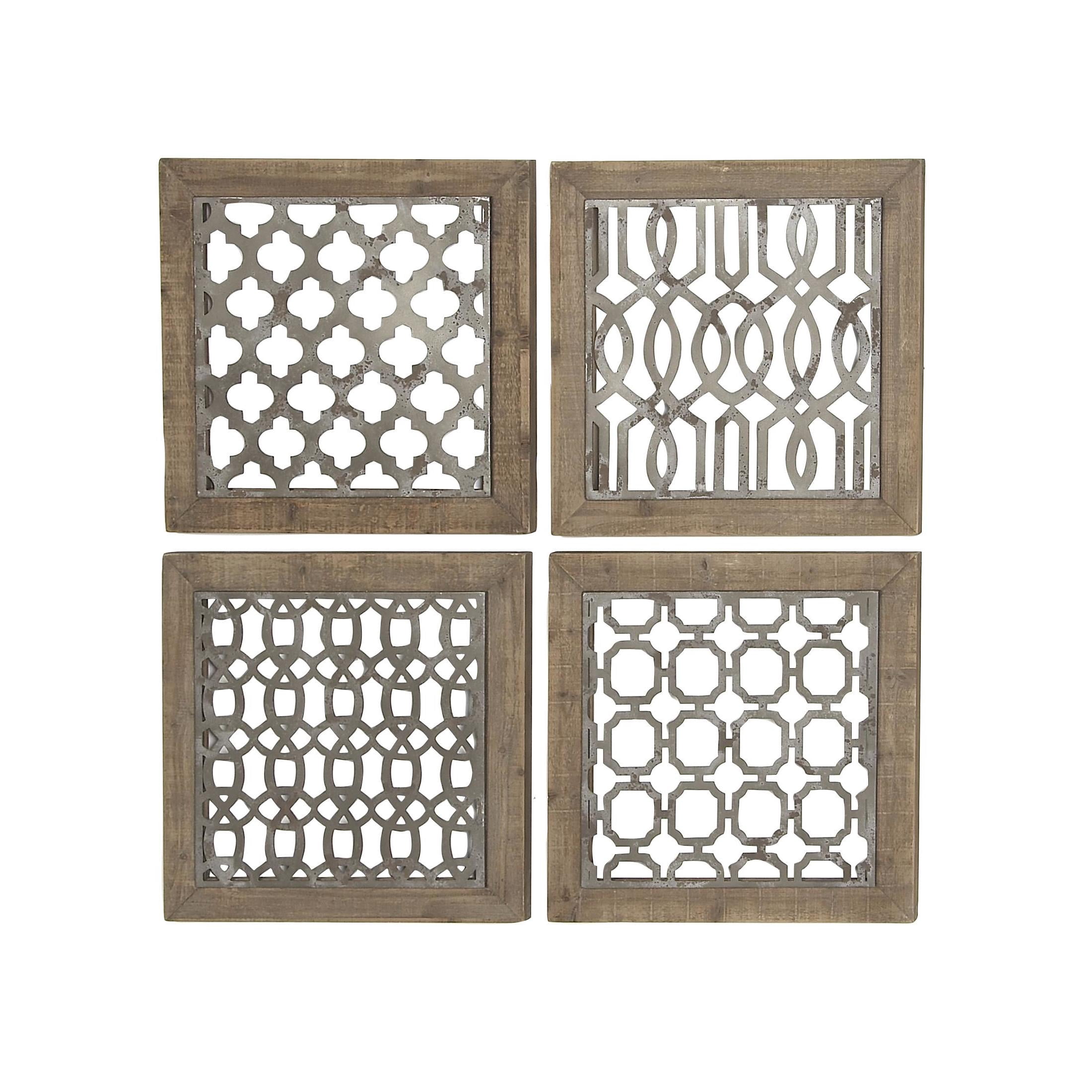 DecMode Farmhouse Natural Brown Wood Square Wall Décor, Set of 4 19"W x 19"H, Features Quatrefoil, Imperial Trellis, Chain-Link and Tile Patterns