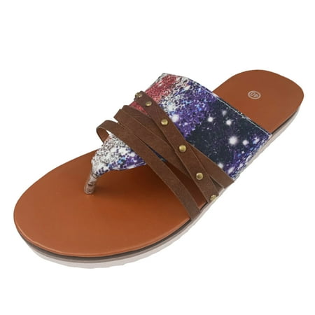 OJSFQUFP Sandals for Women Ladies Summer Independence Day Slip On Casual Open Toe Flat Soft Bottom Breathable Shoes Sandals Slippers Womens Slides Brown 38