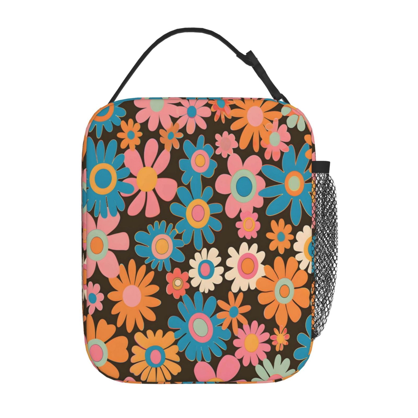 Lunch Bag For Women Men Insulated Portable Lunch Box Bento Box Office Picnic Travel Cooler Bag Retro Groovy Flowers Pattern (6)