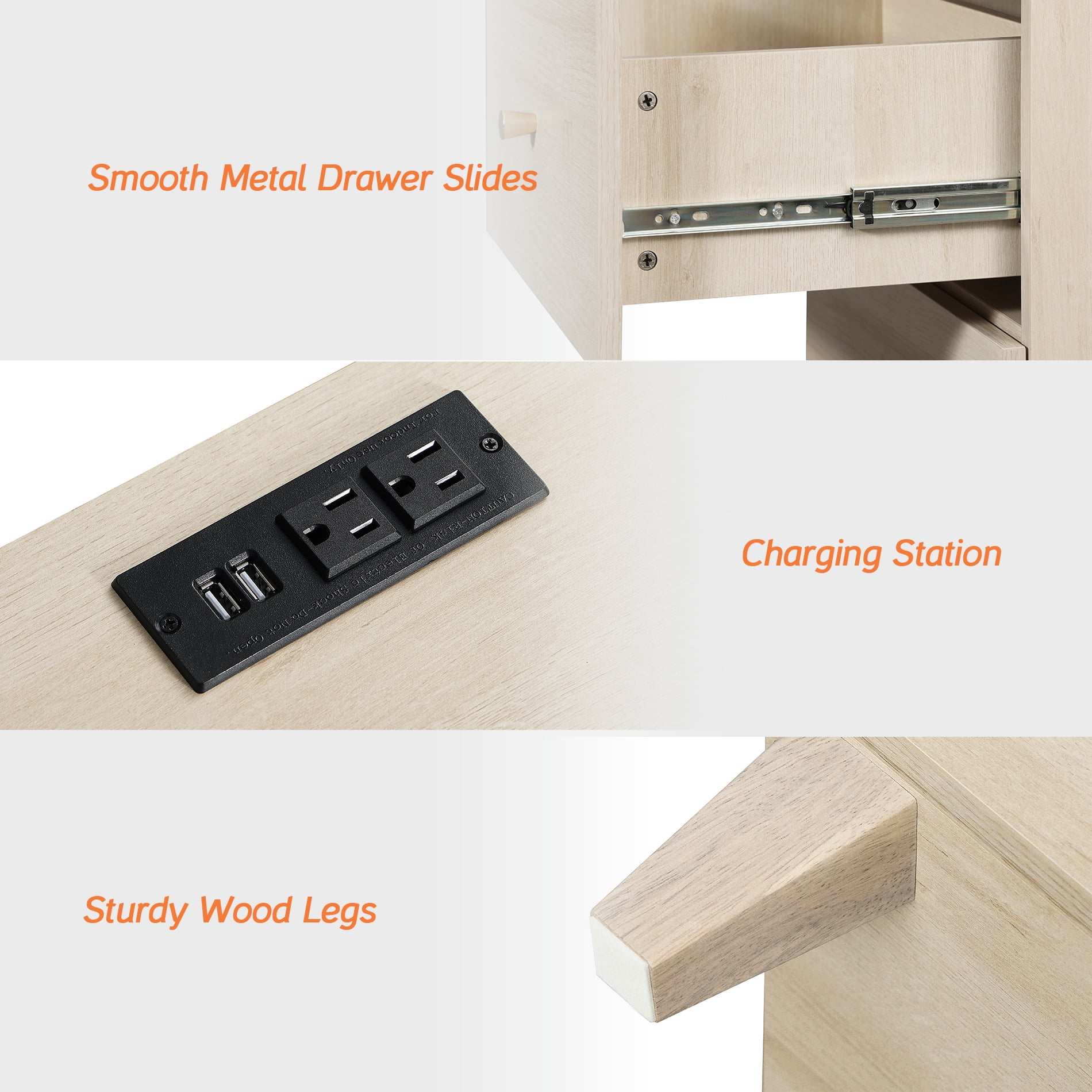WAMPAT Dresser and Nightstand Set of 4, Wood Dressers with 9 Drawers, Nightstand with Charging Stations for Living Room, Natural Oak