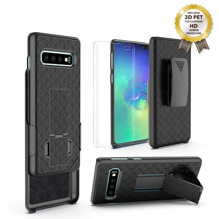 Microseven Compatible with Galaxy S10 Case, Slim Belt Clip Holster Cover with 3D Pet Full Coverage Screen Protector for Samsung Galaxy