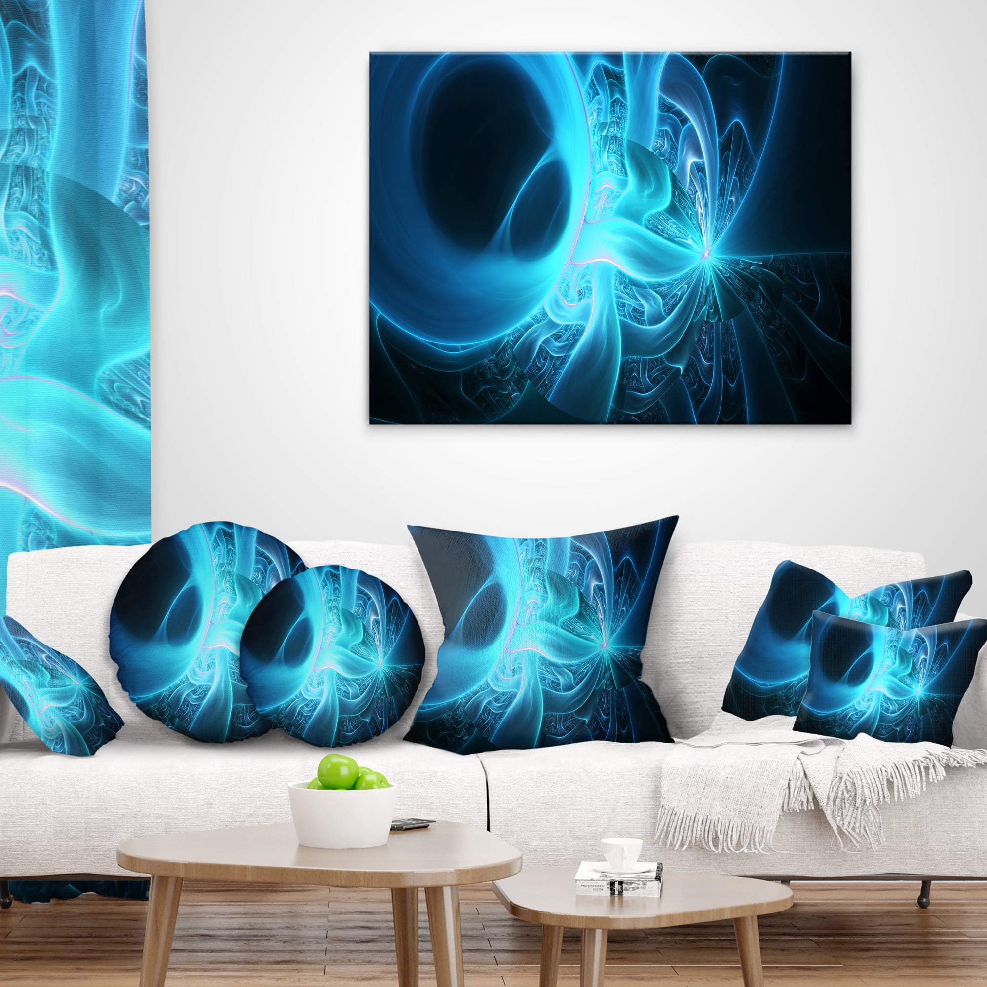 Designart Shining Bright Blue on Black - Abstract Throw Pillow - 18x18