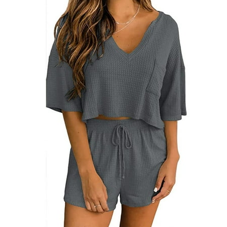 

Wrcnote Ladies Elastic Waist Drawstring Loungwear Straight Leg Joggers Solid Color Lounge Sets V Neck Pajamas