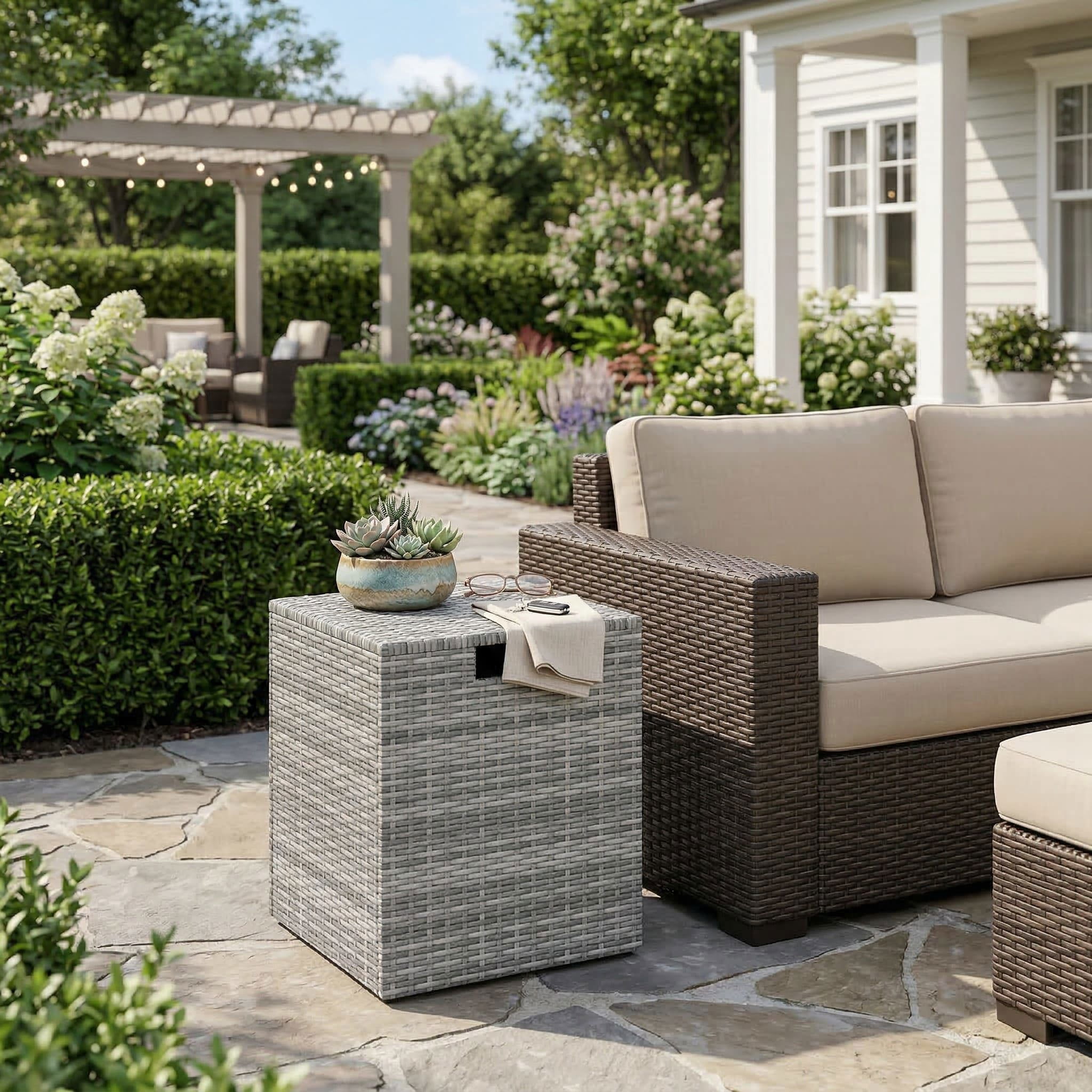 Resenkos Weather Resistant PE Rattan Propane Tank Cover, Multiuse Patio Side Table and Gas Tank Hideaway for Garden and Balcony, Gray