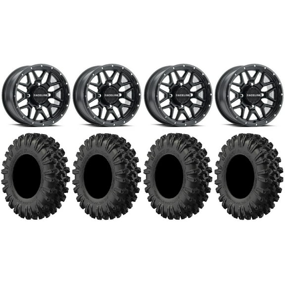 Raceline Krank 15" Wheels Black 37" MotoRavage XL Tires Can-Am Commander Maverick Renegade Outlander Defender