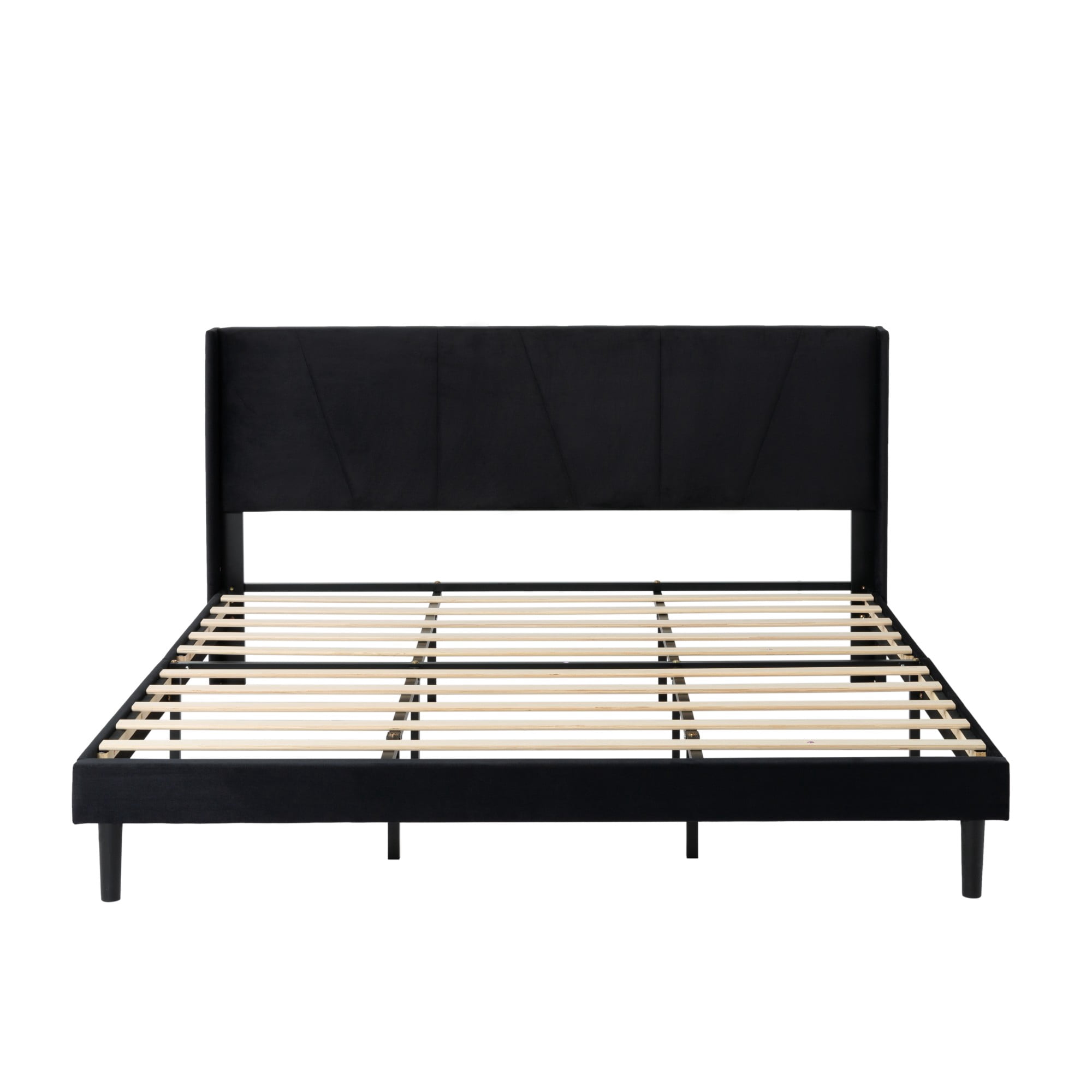 Gewnee King Size Bed Frame,Velvet Upholstery Platform Bed with Headboard,No Box Spring Needed,Black
