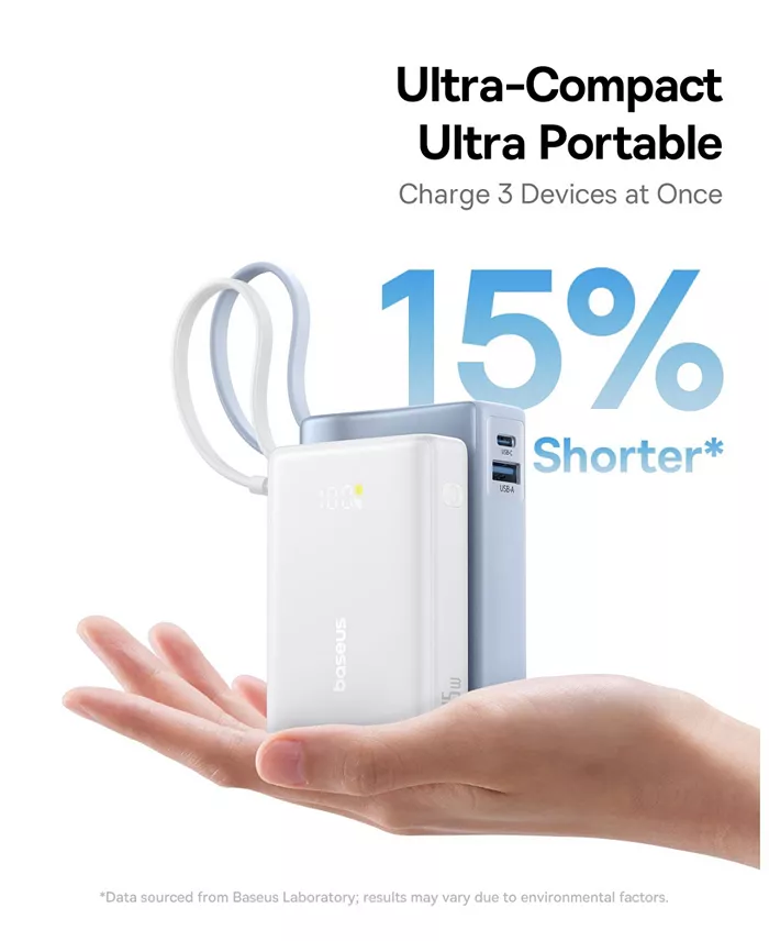 Baseus 10000mAh Power Bank,45W Portable Charger with Built-in USB-C Cable 3-Output LED Display, Fast Charging External Battery Pack Picogo Powerbank, White