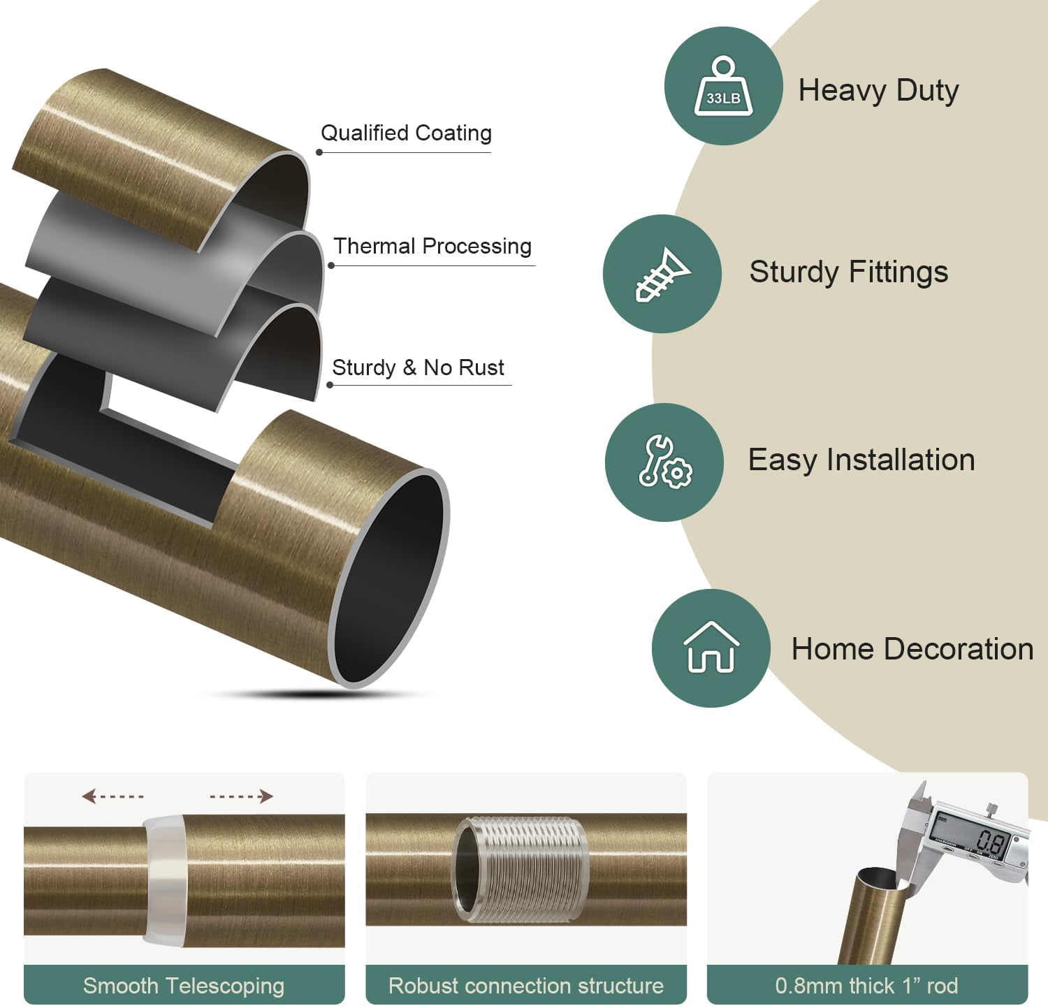 Antique Bronze Curtain Rods for Windows 72 to 144 Inches Adjustable Length Heavy Duty 1" Diameter Window Curtain Rod with Solid Metal Finials for Outdoor Farmhouse Bedroom Kitchen Living Room