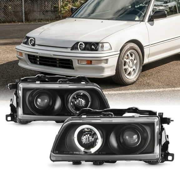 AKKON - For Honda Civic CRX Black Bezel LED Ring Design Projector Headlights Front Replacement Left   Right