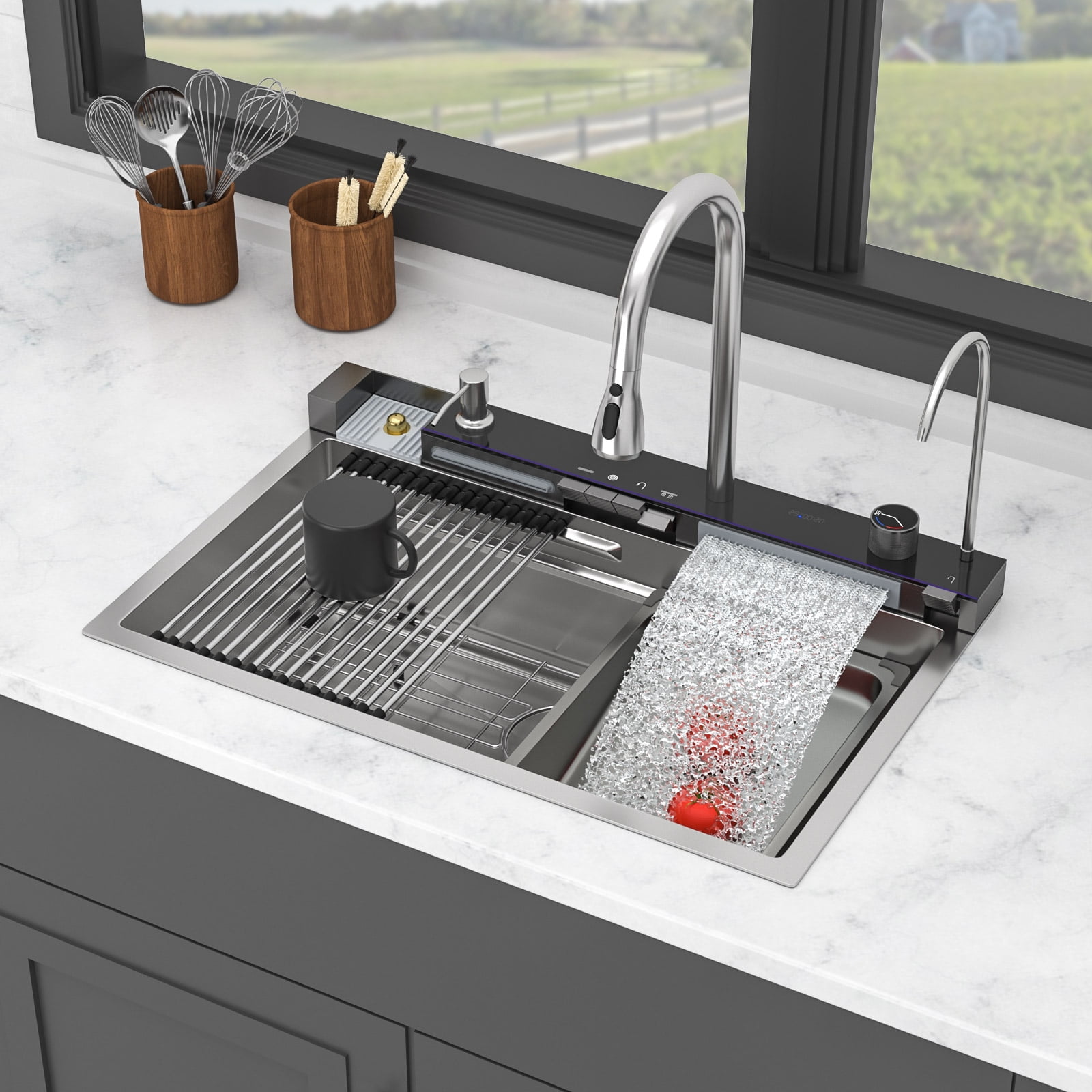30" Kitchen Sink Waterfall Sink - 30 x 19 x 9 inch Multifunction Single Bowl 16 Gauge Stainless Steel Ledge Workstation Smart Top Mount Kitchen Sinks