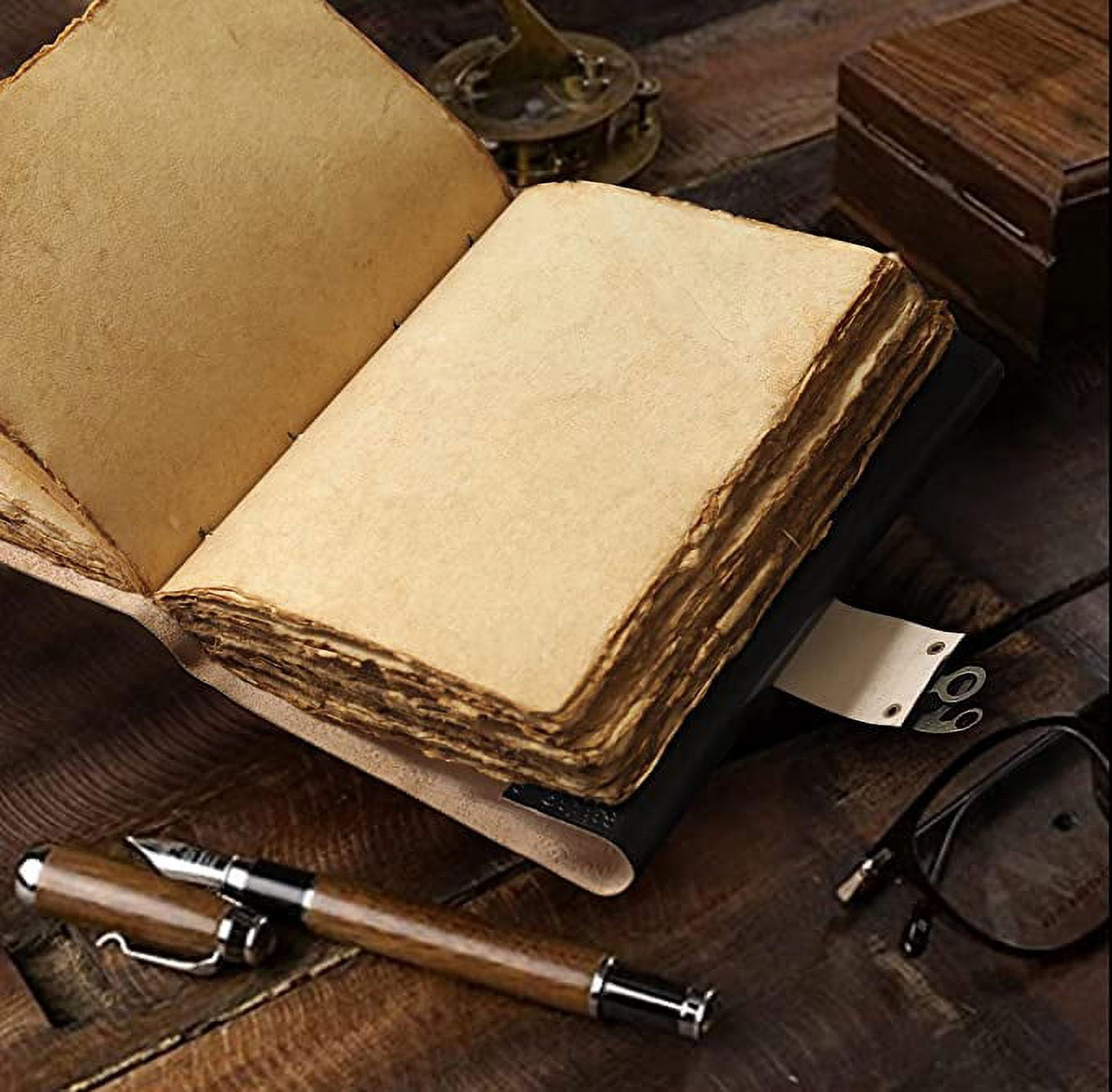 RUZIOON Antique Handmade Compass Vintage Leather Journal - Bound Journal With Deckle Edge Paper Diary - Leather Sketchbook - Drawing Journal Notebook - Great Gift Men And Women (6X8 Inch)