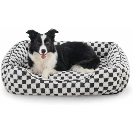 Dog Bed for Large Medium Small Dogs - Rectangle Orthopedic Dog Sofa Bed Cute Modern Puppy Bed with Jacquard Shaggy Plush & Anti Slip Bottom 35x25x10inches Grey