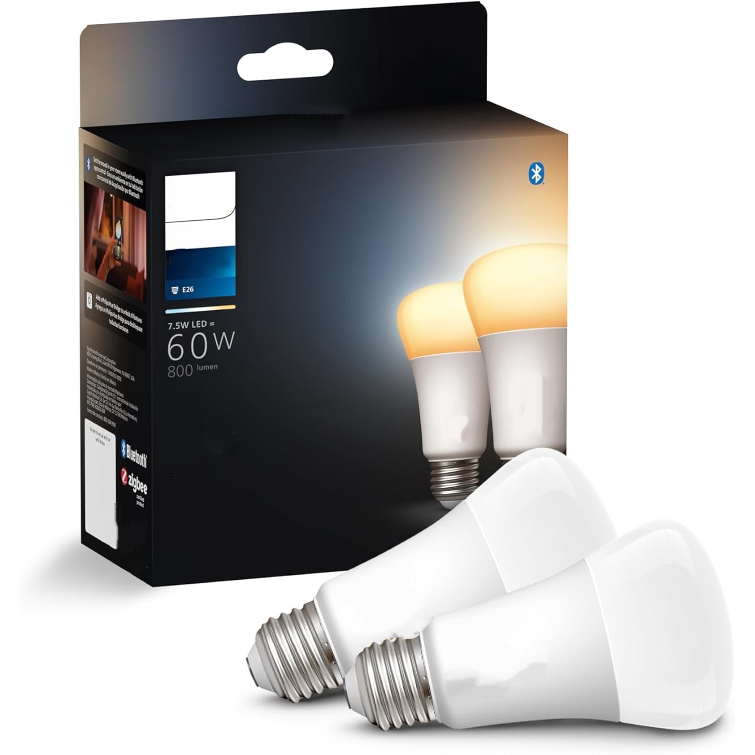 Smart 60W A19 LED Bulb - White Ambiance Warm-to-Cool White Light - 2 Pack - 800LM - E26 - Indoor - Control with Hue App - Works with Alexa, Google Assistant and Apple Homekit