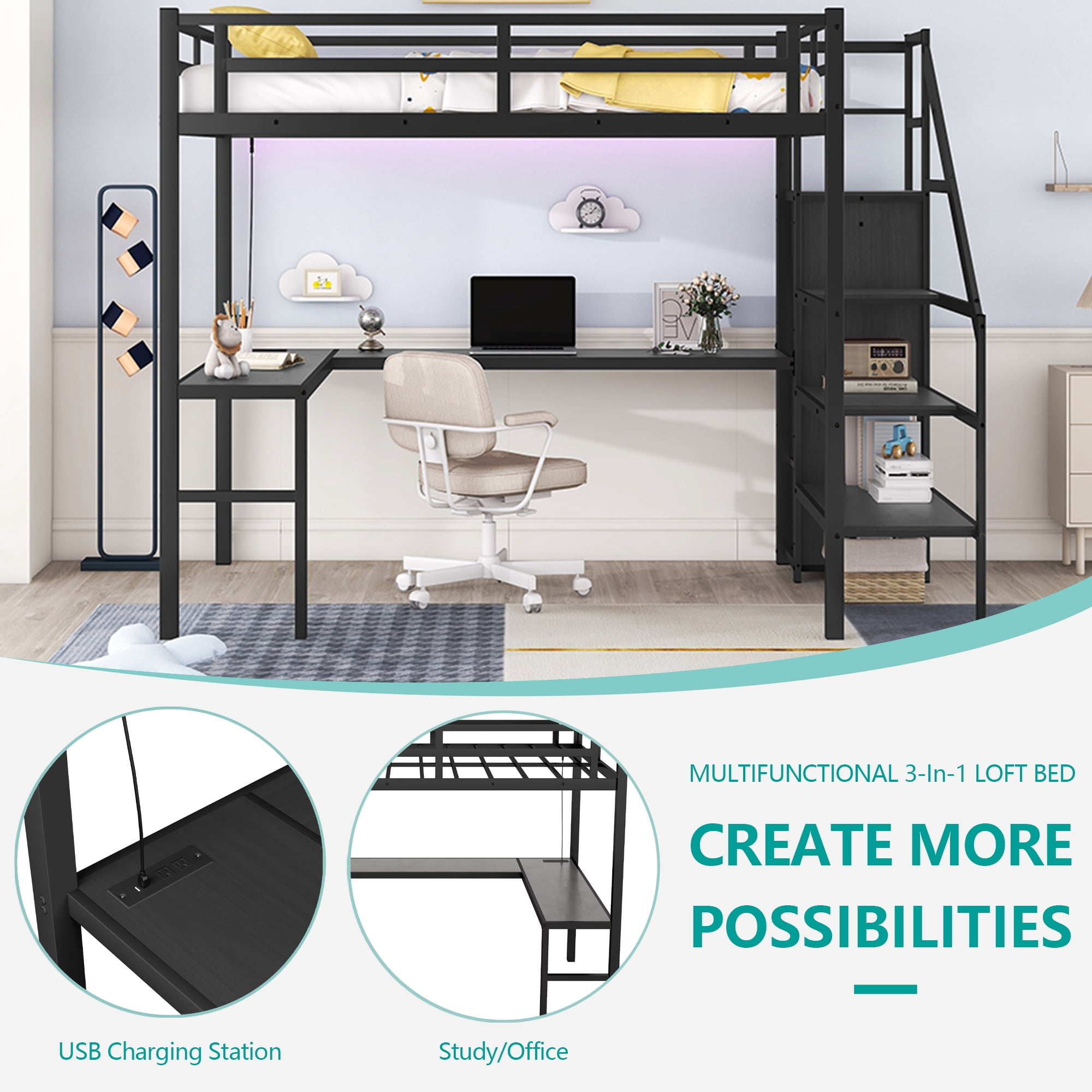 Aukfa Full Size Loft Bed with Desk and Wardrobe, Metal Loft Bed with USB Ports, LED Light and Staircase for Kids Teens - Black