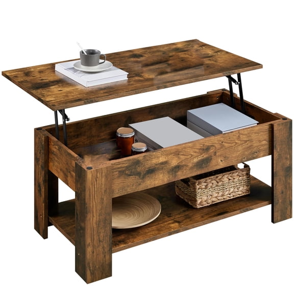Lift Top Coffee Table with Large Hidden Storage Shelf, Lift Tabletop Dining Table for Living Room, Home Small Space, 38.6in, Rustic Brown