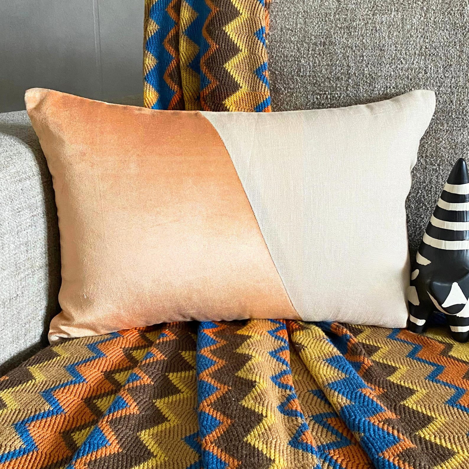 The HomeCentric Decorative Beige Pack of 2, 12"x26" (30x65 cm) Lumbar Pillow Cover, Velvet & Linen Solid Color Block Oblong Pillow, Patchwork Pattern Modern Style - Velutinous Beige