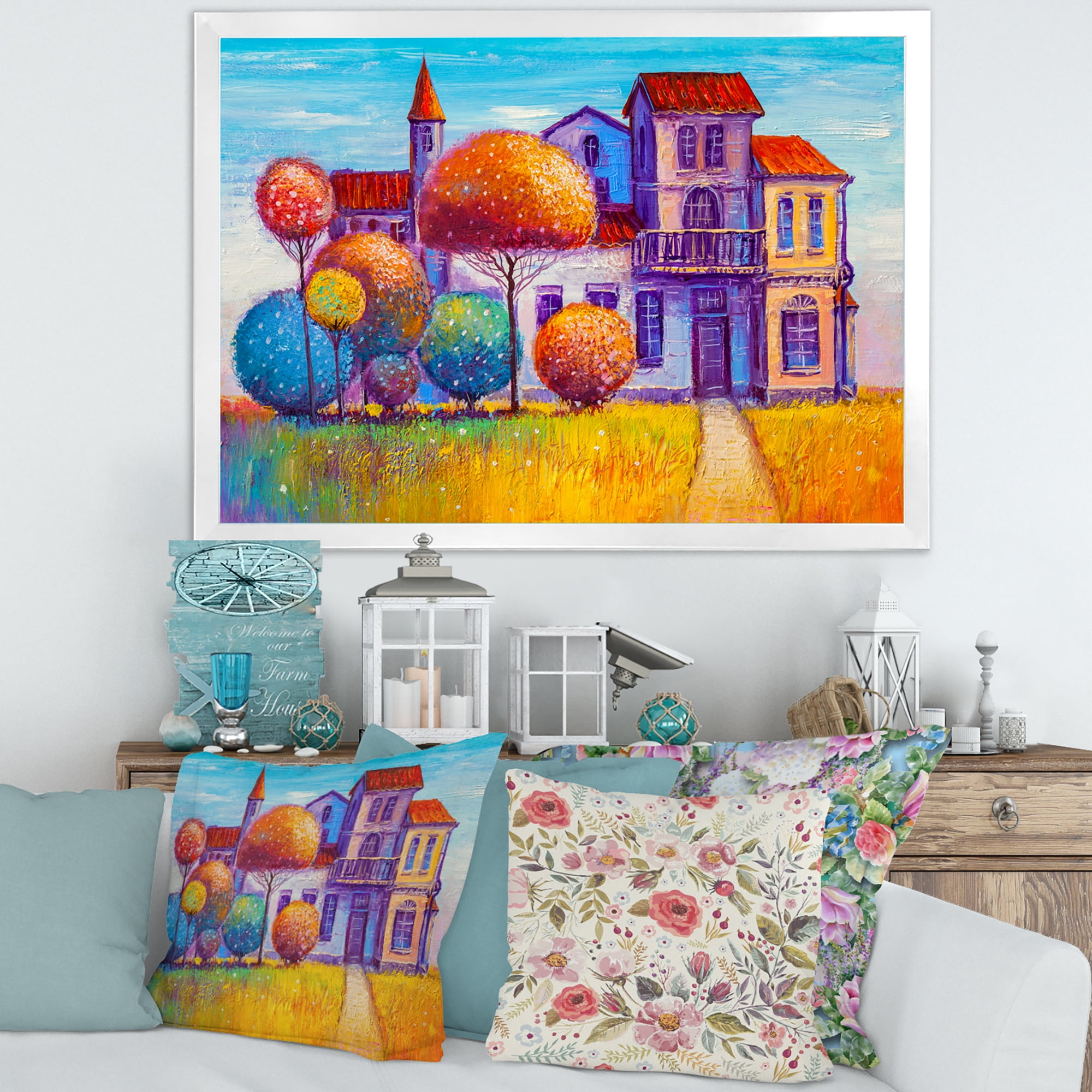 Designart 'Abstract Colorful House In The Fairy Tale VIllage' Traditional Framed Art Print