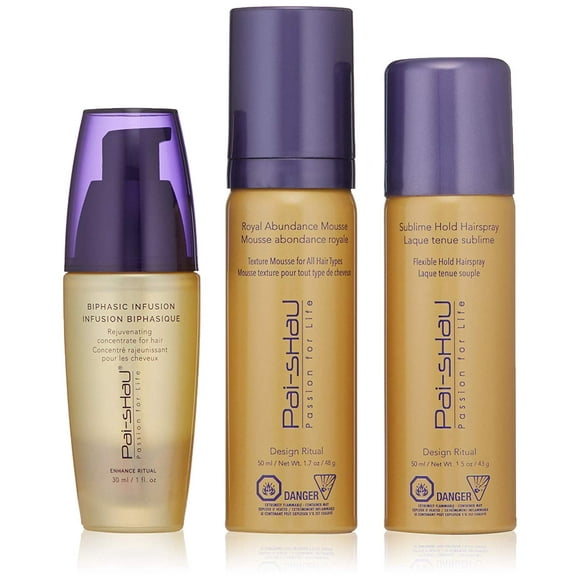 PAI SHAU GIFT DESIGN RITUAL 3 PIECEBiphasic Infusion 1 fl.oz Royal Abundance Mousse 1.7 fl.oz Sublime Hold Hairspray 1.5 fl.oz