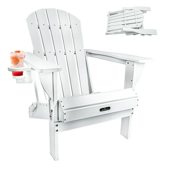 Withniture HDPE Folding Adirondack Chair Patio Firepit Chair with Cup Holder, Weather Resistant Lawn Chairs for Lawn Outdoor Porch Garden Backyard Deck,White
