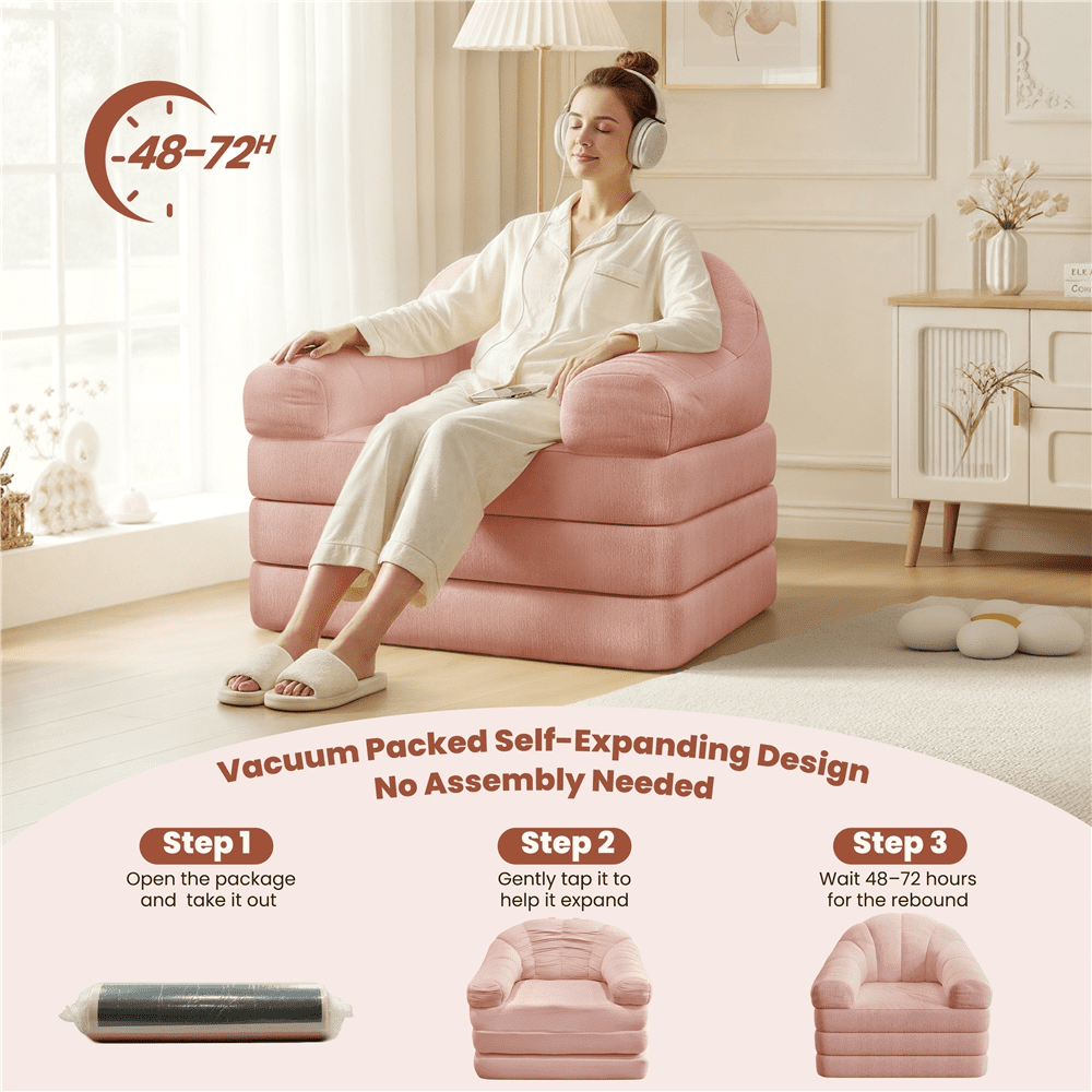 Renwick 2-in-1 Convertible Sofa  Bed Folding Sleep Chair Bed Chenille Sofa with Armrests  for Living Room and Bedroom,Pink