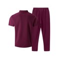 thumbnail image 4 of Men's Waffle Knit 2 Piece Tracksuit Outfit, Mandarin Collar Short Sleeve Button Down Shirt & Drawstring Straight Leg Pants Big and Tall Size S-3XL Wine, 4 of 5