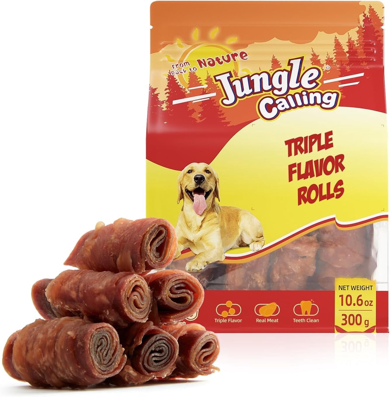 (2 pack) Jungle Calling Triple Flavor Rolls Dog Treats,Real Chicken Duck Beef Meat, Rawhide Free Dog Snacks