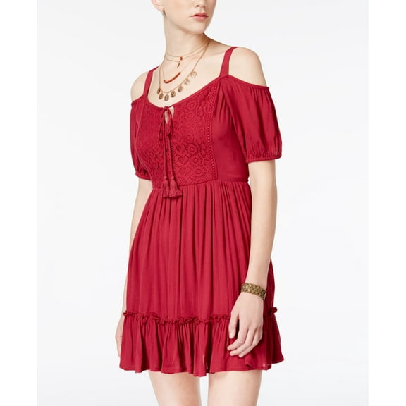 American Rag Juniors Cold Shoulder Peasant Dress Red S