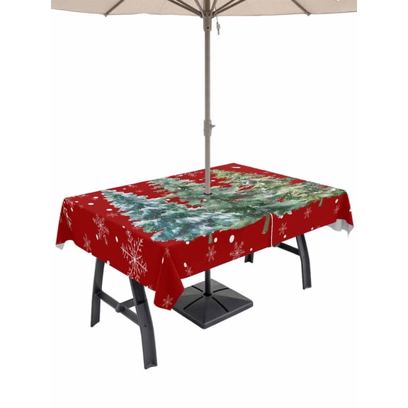 Outdoor Tablecloth with Umbrella Hole and Zipper, Red Christmas Tree Rectangle Table Cloth 54x80 Inch Waterproof Tablecloth, Xmas Trees Snowflake Winter Picnic Table Cover for Patio Camping