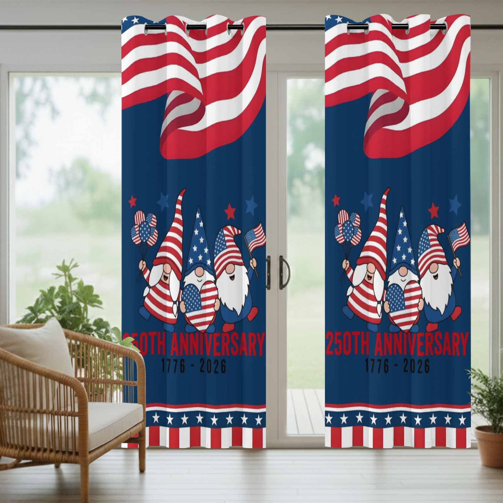 Anniversary Outdoor Curtains for Patio, Patriotic Gnome USA Flag Independence Day Sunshade Privacy Drapes Grommet Waterproof Outside Curtains for Porch/Cabana/Balcony 54"x 95", 2 Panel