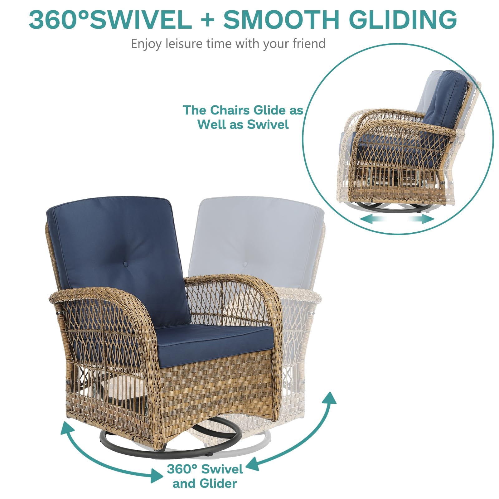 MEETWARM 7 Pieces Outdoor Patio Rattan Furniture Sets, All Weather Patio Wicker Conversation Set- 2 Rocking Chairs, 2 Swivel Chairs, 1 Loveseat Glider w/Cushions, 2 Glass-Top Coffee Table, Navy Blue