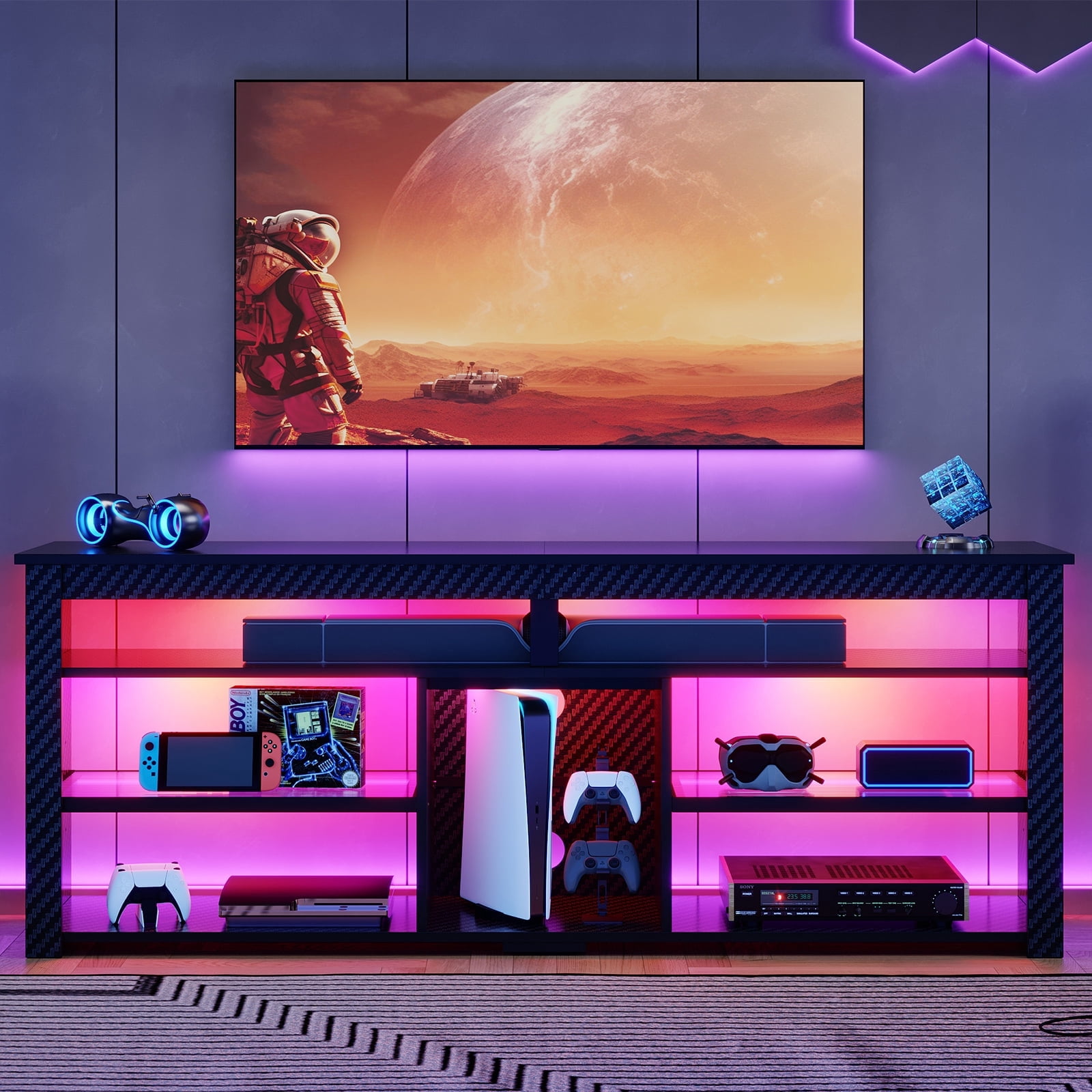 Bestier 63" Tall TV Stand with LED Lights, Entertainment Center for TVs up to 70 inch, TV Console with Storage & Adjustable Shelves in Black Carbon Fiber