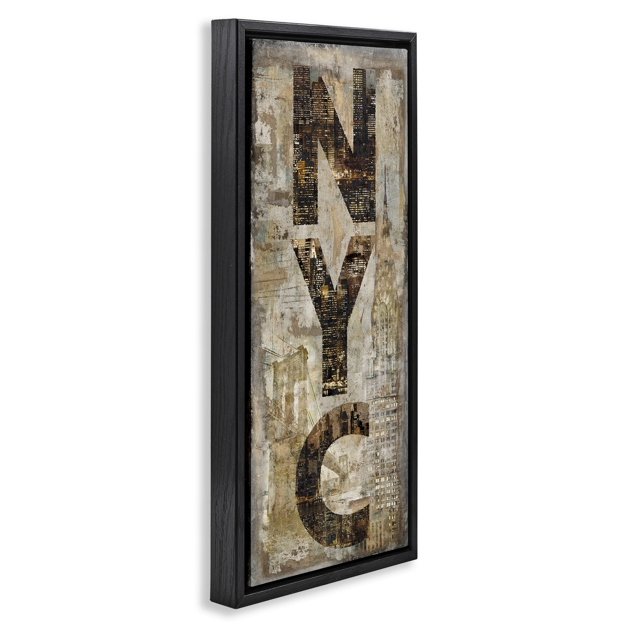 Stupell Industries New York City Montage Collage Town & City Painting Black Floater Framed Canvas Art Print Wall Art, 11 x 25