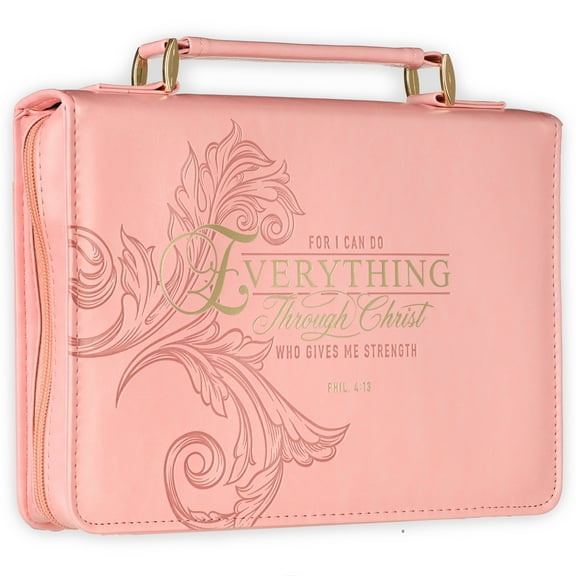 Christian Art Gifts Pink & Gold Floral Faux Leather Fashion Bible Cover for Women: Everything Through Christ - Phil. 4:13 Inspirational Scripture w/Sleeves, Pocket, Pen Loops to Organize, Pink, Large