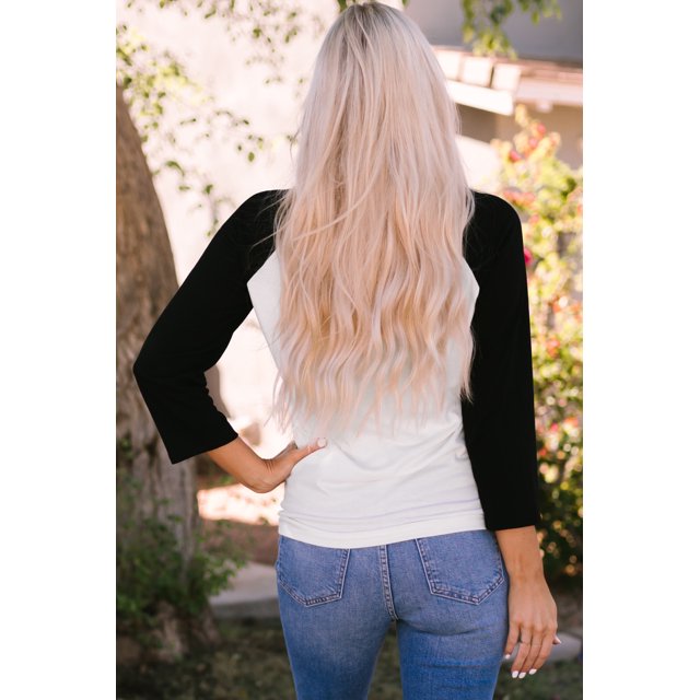 ABPHQTO Top de jersey de manga raglán con bloques de color negro para mujer