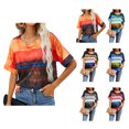 thumbnail image 4 of Camiseta de manga corta para mujer, informal, holgada, con estampado a rayas, cuello redondo, ligera y transpirable, 4 of 5