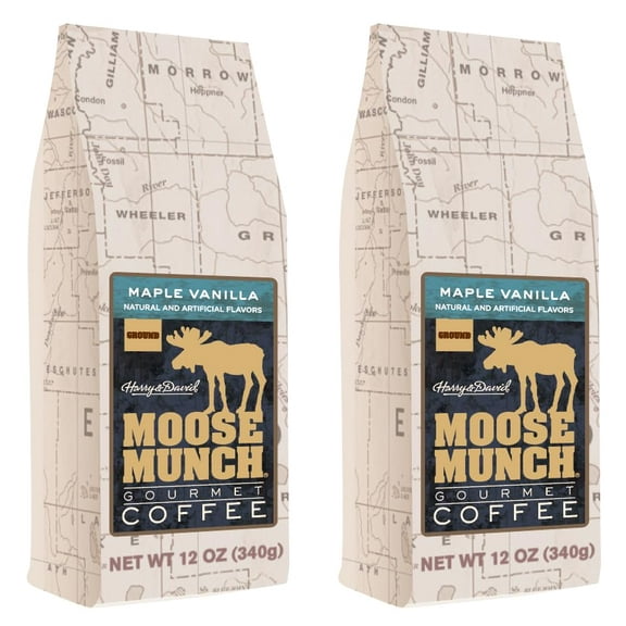 Moose Munch Maple Vanilla Ground Coffee – 2 Pack, 12 oz Bags – Smooth Maple Sweetness with Vanilla Flavored Medium Roast Coffee