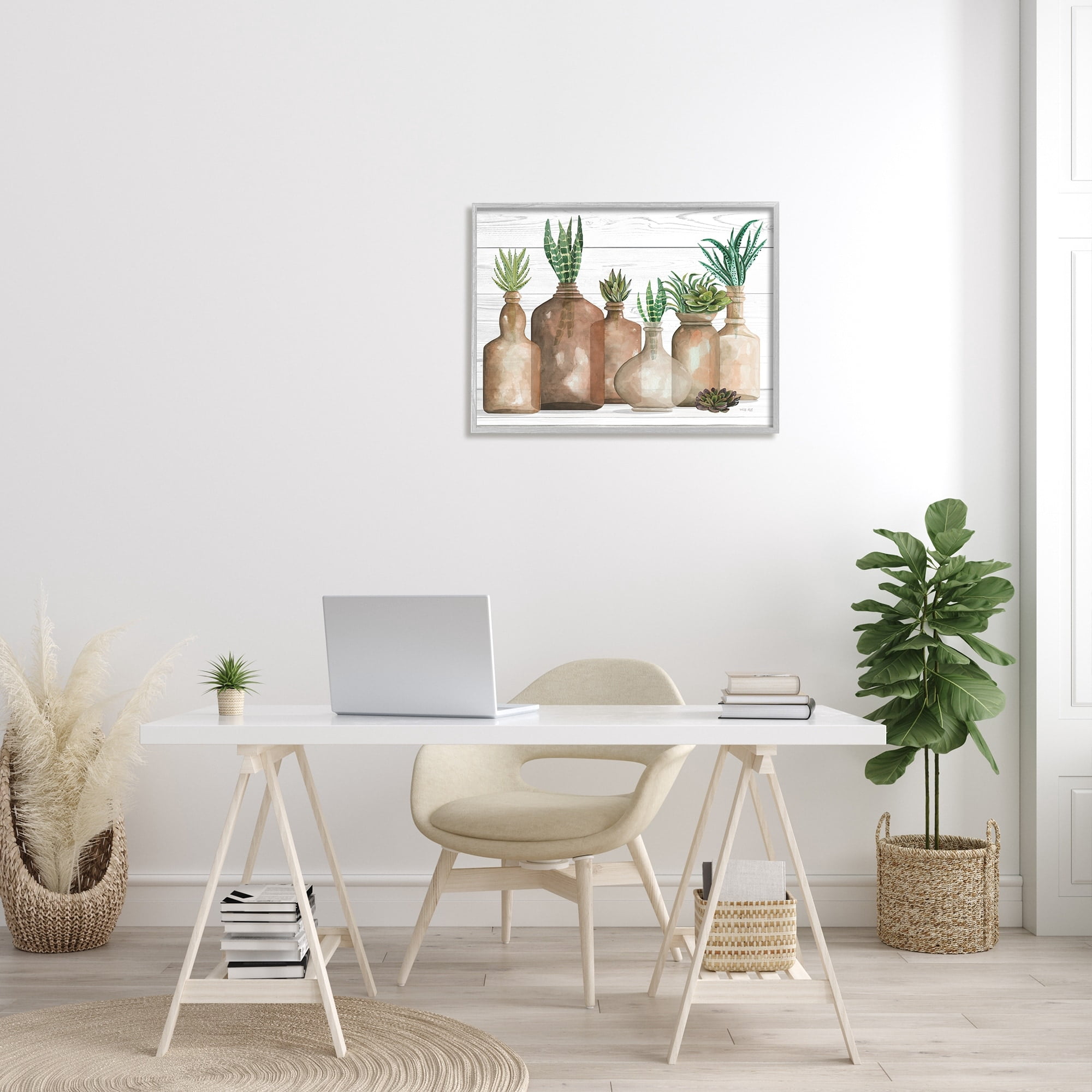 Stupell Industries Various Succulents Plants Vases Jars Striped Leaves Graphic Art Gray Framed Art Print Wall Art, Design by Cindy Jacobs