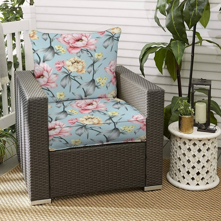 2 Piece Deep Seating Cushion Set cute pink cream yellow flowers grey leaf blue Outdoor Chair Solid Rectangle Patio Cushion Set