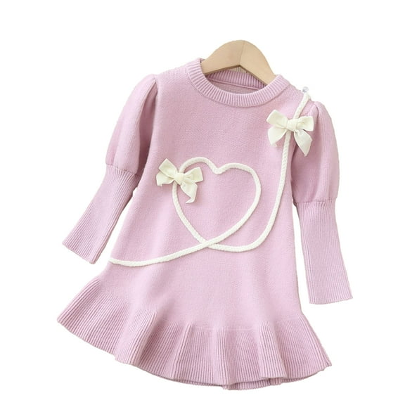 Esaierr Baby Toddler Girls Love Dress Autumn Winter Sweater Dress Sweet Wind Bow Crewneck Casual Dresses for 1-5Y