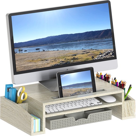 SHW Desk Monitor Stand with Organizer tray, Maple