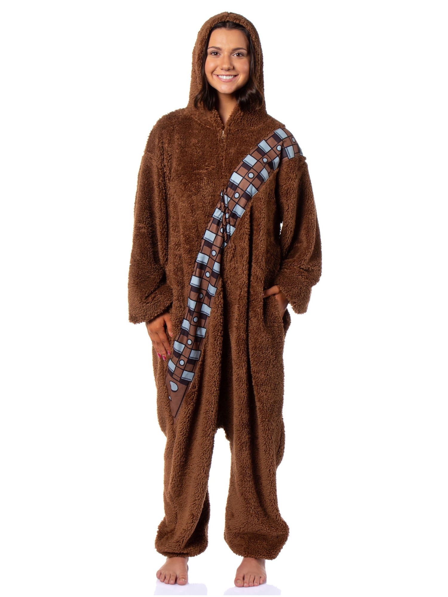 Star Wars Chewbacca Hooded Adult Plush Fleece Zip-Up Costume One Piece Footless Pajama Union Suit