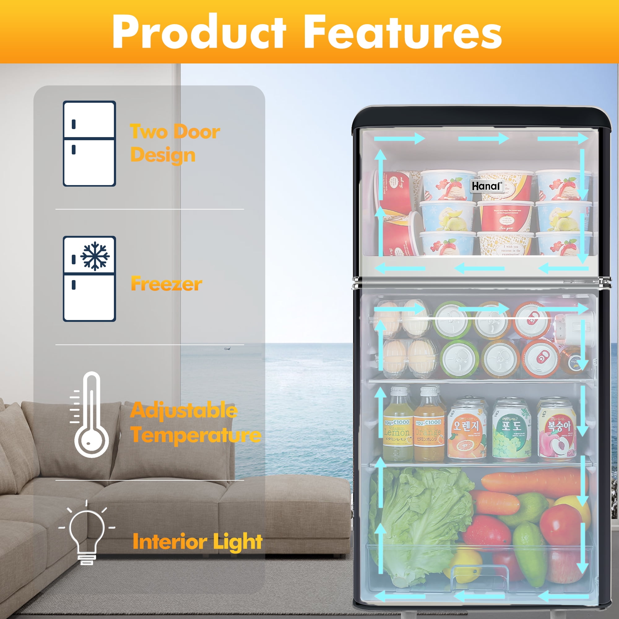 WANAI 3.5 cu ft Two-Door Mini Refrigerator with Freezer,Black–Ideal for Dorm, Apartment,Warehouse,Room;Easy Access to Drinks & Snacks