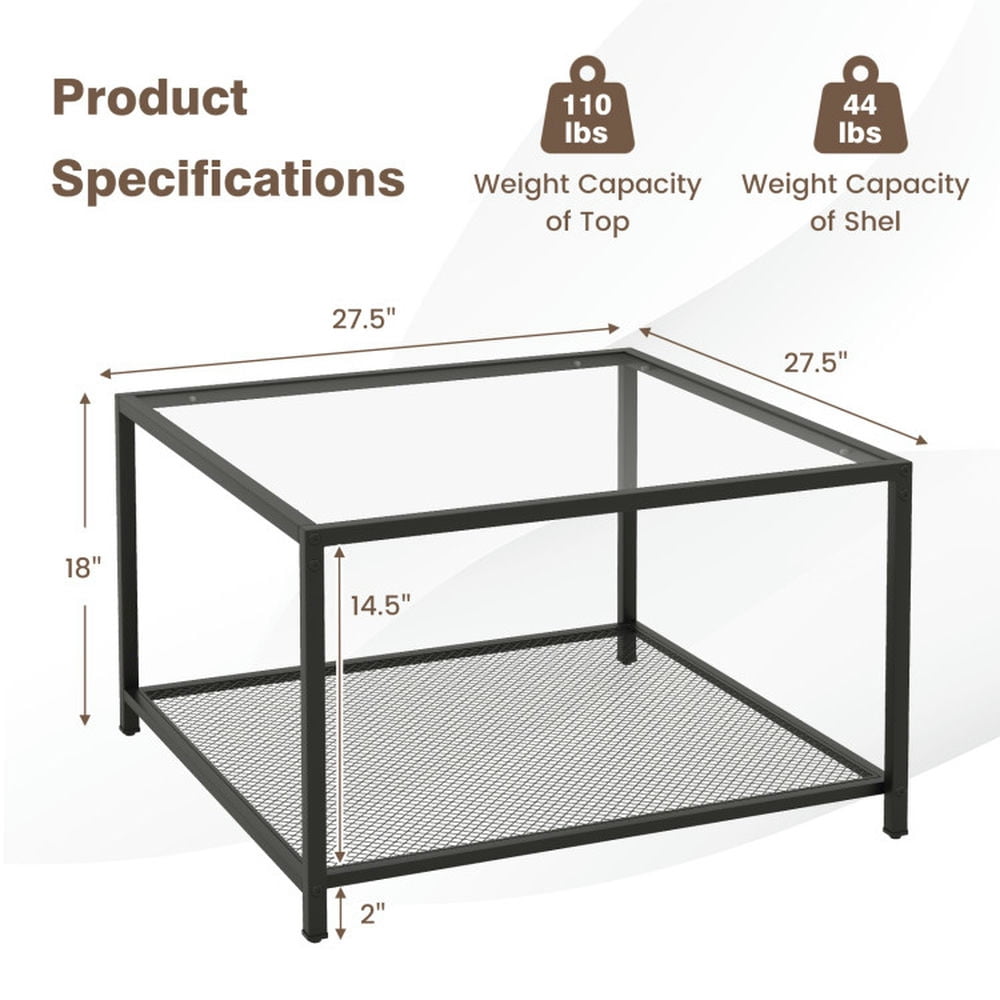 Finihen Coffee Table, Glass Coffee Table, Modern 2-Tier Square Glass Coffee Table with Mesh Shelf, for Living Room, Reception Room, Transparent Finihen Coffee Table, Glass Coffee Table, Modern 2-Tier Square Glass Coffee Table with Mesh Shelf, for Living Room, Reception Room, Transparent